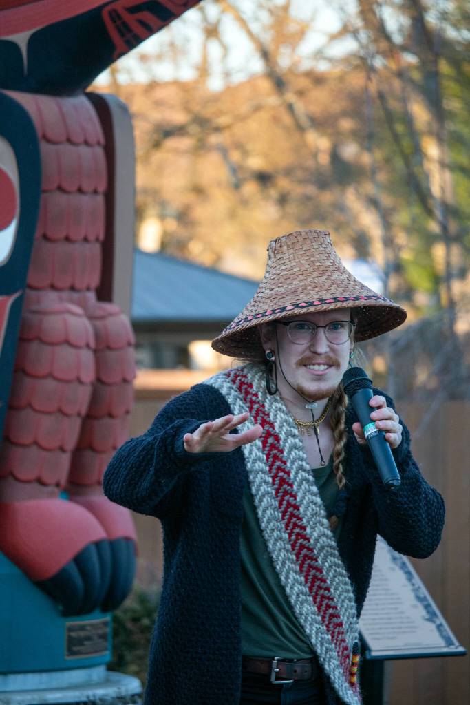 The Jamestown SKlallam Tribes Mackenzie Grinnell explains Why the Sun Always Shines in Sequim at the Sequim Civic Center Plaza on March 4, helping kick off the third Sequim Sunshine Festival. Sequim Gazette photo by Emily Matthiessen