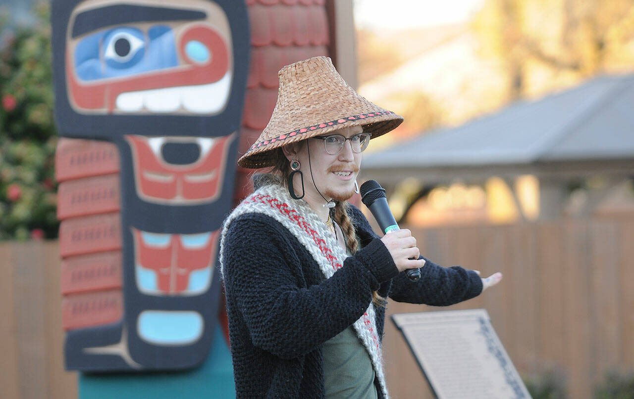 The Jamestown SKlallam Tribes Mackenzie Grinnell explains Why the Sun Always Shines in Sequim at the Sequim Civic Center Plaza on March 4, helping kick off the third Sequim Sunshine Festival. Sequim Gazette photo by Michael Dashiell