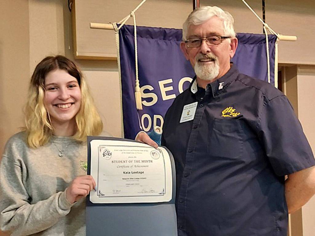 Sequim Elks Leading Knight Stan Dame honors Sequim High School sophomore Kaia Lestage with the organizations Student of the Month award for February 2022.