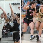 Jaylin Reed, left and Keeli-Jade Smith of the Peninsula College basketball teams in action Saturday. (Keith Thorpe, Peninsula Daily News)