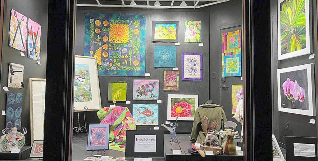 Members of Peninsula Fiber Artists contribute to Spring Forward, a new 24/7 walk-by exhibit up through April at 675 Tyler St., Port Townsend. Photo courtesy of Peninsula Fiber Artists