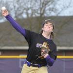 Sequim starter Jaxson Gray pitches in the first inning of a March 15 match-up with Bainbridge. Sequim Gazette photo by Michael Dashiell