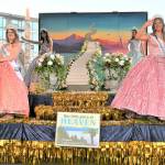The 2022 Sequim Irrigation Festival royalty court for the first time board the festival float, at the Kickoff Dinner & Auction at 7 Cedars Resort in Blyn on March 19. Pictured, from left, are princesses Lauren Willis and Ellie Turner, queen Isabella Williams and Katherine Gould. Sequim Gazette photo by Michael Dashiell