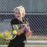 Sequims Kendall Hastings hits a forehand against North Masons Rachell Youngman on March 22. Hastings won 6-0, 6-0 as the Wolves improved to 3-0. Sequim Gazette photo by Michael Dashiell