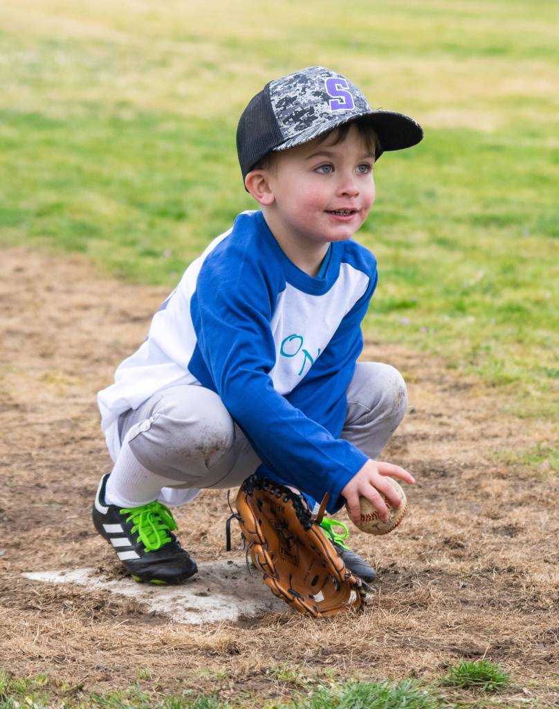 Conor Decker, 4, prepares for his first T-Ball during the opening day of Sequim Little Leagues 2022 season. Sequim Gazette photo by Emily Matthiessen