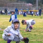 Above: T-ball player Dominic Johnson, 5, tries for a catch during opening day of the 2022 Sequim Little League.
