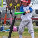 Kai Hill, 4, hits the first run of the T-Ball 2022 season at Dr James Standard Park on Silberhorn in Sequim. Sequim Gazette photo by Emily Matthiessen