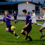 Sequims Cruz Pernia, left, and Brandon Wagner vie for a loose ball in the first half of a 3-0 home loss to Bainbridge on March 29. Sequim Gazette photo by Michael