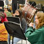 Photo by Diane Urbani de la Paz/Olympic Peninsula News Group
After many months of masking, flutists Gabby Mattern-Hall, left, and Sibyl Finman got to shed their face coverings for band practice in George Rodes band room at Sequim High School.