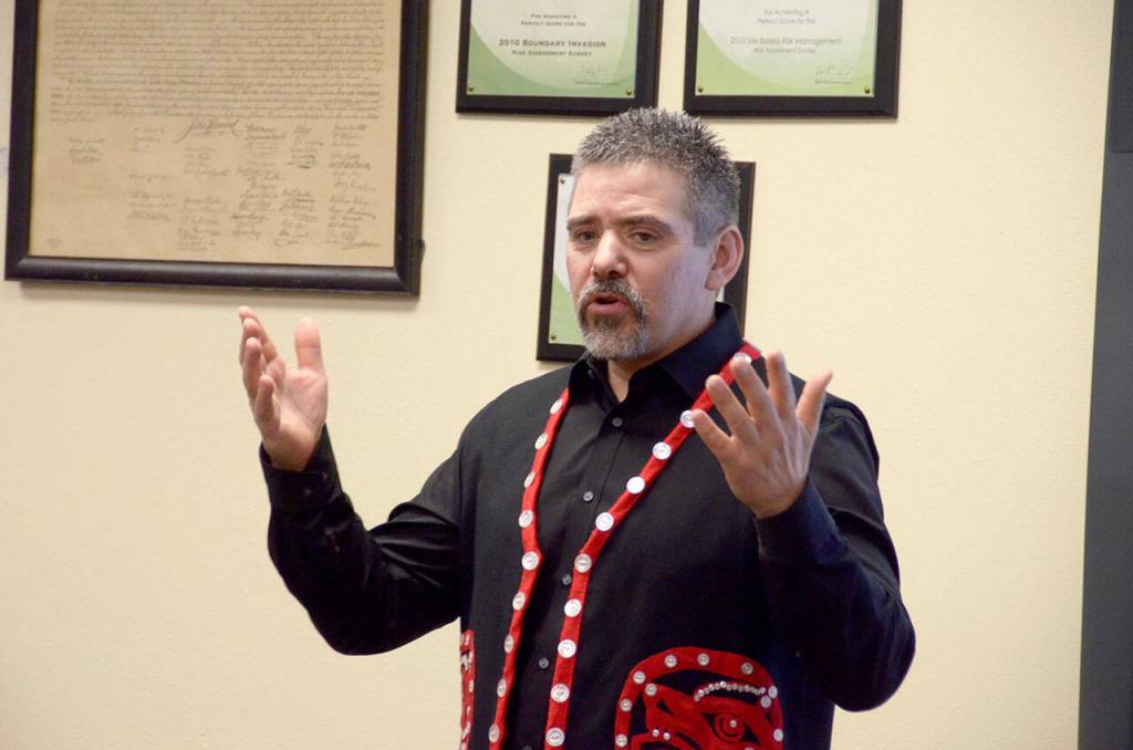File photo by Cydney McFarland/Olympic Peninsula News Group
Jamestown Sklallam tribal council member Kurt Grinnell speaks in favor of naming the new school after SKlallam chief Chetzemoka at a special Port Townsend School Board meeting in 2017.