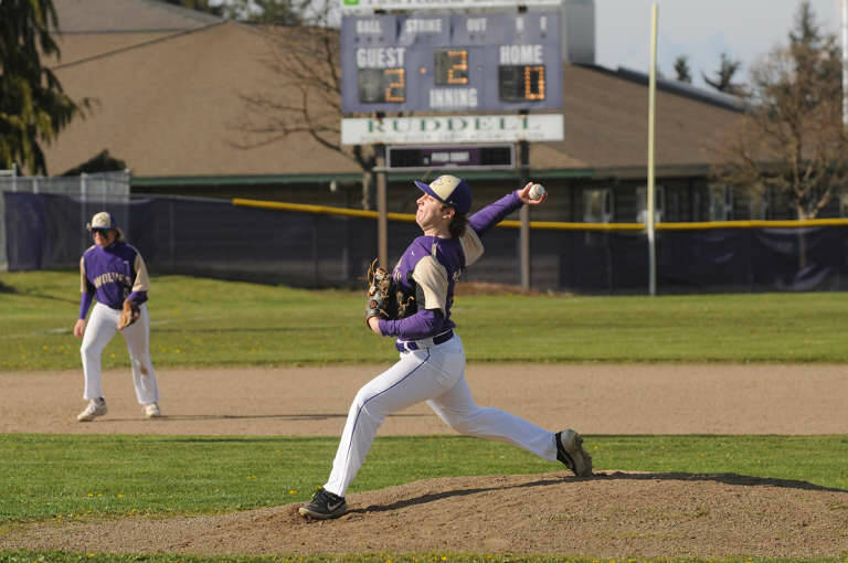 Sequim starter Jaxson Gray pitches against Crosspoint Academy on April 15. Sequim Gazette photo by Michael Dashiell