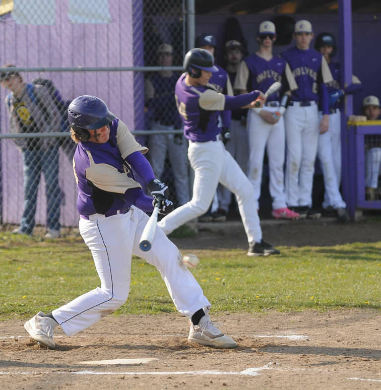 Sequims baseman Ricky Jennings looks for a base hit in an April 15 non-league game against Crosspoint. Sequim Gazette photo by Michael Dashiell