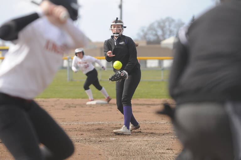 Sequim Gazette photo by Michael Dashiell
Sequims Angel Wagner pitches in the first inning of an Olympic League game against Kingston on April 12.