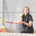 Sequims Jordan Hegvedt returns a shot in a doubles match against North Kitsap on April 14 in Sequim. Hegtvedt and doubles partner Malory Morey defeated North Kitsaps Amber Amos and Kate Ryan, 6-3 and 6-2. Sequim Gazette photo by Michael Dashiell
