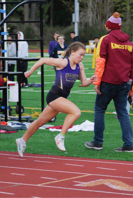 Sequim High senior Riley Pyeatt starts quick in the 800-meter race at an Olympic League double dual meet in Kingston on April 14. Pyeatt won the event in 2:24.79. Photo by Joanne Carroll-Huemoeller