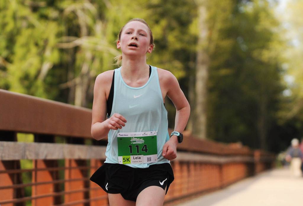 Leia Larson of Port Angeles win the 2022 Railroad Bridge womens 5k race in Sequim Saturday, April 23. Sequim Gazette photo by Michael Dashiell