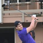 Sequim's Pryce Glasser tees off on the first hole in an April 21 match against Bainbridge. Sequim Gazette photo by Michael Dashiell