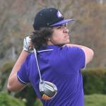 Sequim's Lars Wiker tees off on the first hole in an April 21 match against Bainbridge. Sequim Gazette photo by Michael Dashiell