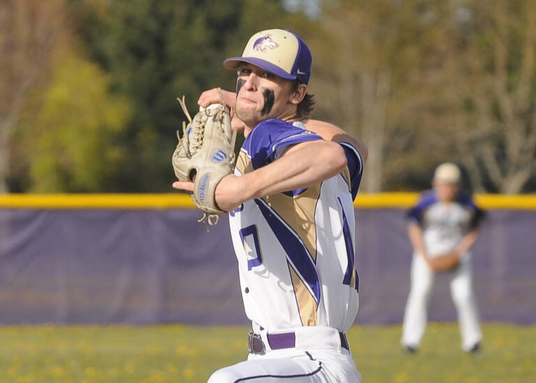 Sequim Gazette photo by Michael Dashiell
Sequim starter Zac McCracken pitches in the second inning for an Olympic League match-up with Bremerton on April 19.