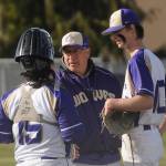 Sequim coach Dave Ditlefsen talks with catcher Ayden Holland and pitcher Zac McCracken in the third inning of an Olympic League match-up with Bremerton on April 19. Sequim Gazette photo by Michael Dashiell