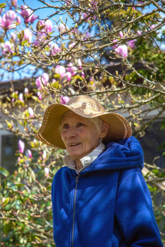 Laurel Ann Norman pauses under her magnolia tree after sharing about the days, beginning in the 1990's, when she and her husband Robert Norman were farmers on the five acres that later became Chi's Farm. Back then the land was host to "Laurel Ann's Rainbow Farm" and horticulturist Paul Moore's "Grandpa's Iris Garden." Sequim Gazette photo by Emily Matthiessen