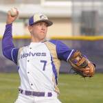 Sequim Gazette photo by Michael Dashiell
Sequim pitcher Connor Bear fields a grounder and throws out a North Mason batter in the Wolves 5-1 win on April 28. Bear threw five shutout innings in the Wolves 5-1 win.
