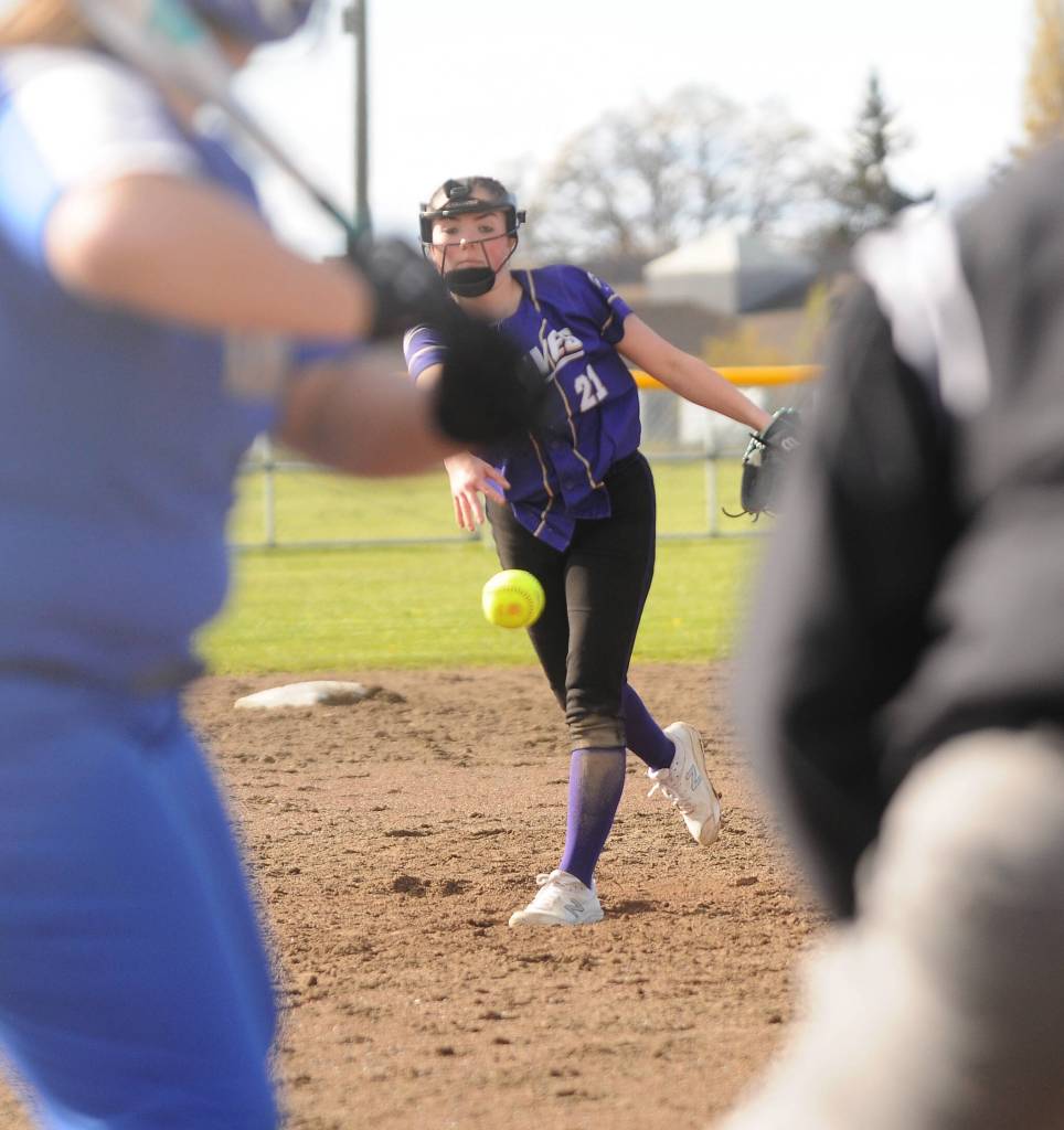 Sequims Hannah Bates delivers a pitch in the fourth inning of the Wolves 15-1 home win over Bremerton on April 26. Bates went all five innings, giving up two hits and striking out five.