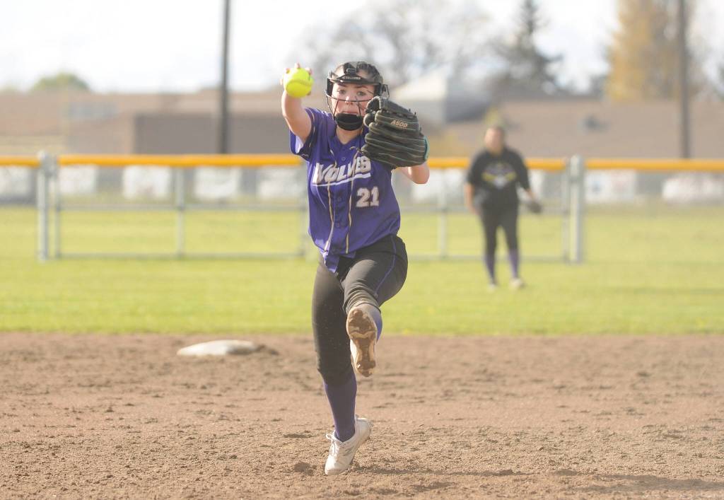 Sequims Hannah Bates delivers a pitch in the fourth inning of the Wolves 15-1 home win over Bremerton on April 26. Bates went all five innings, giving up two hits and striking out five.