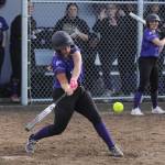 Sequims Michaela Green drives a base hit to center  one of the teams 17 hits  in the Wolves 15-1 win over Bremerton April 26. Sequim Gazette photo by Michael Dashiell