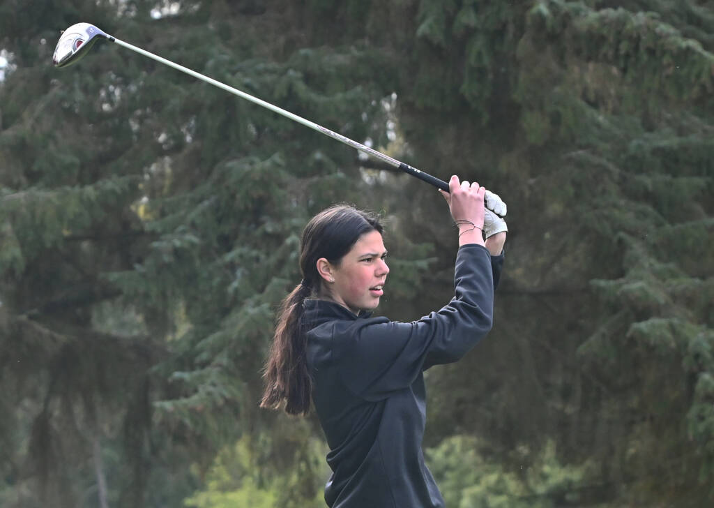 Emily Post of Sequim tees on on the 10th hole at The Cedars at Dungeness on April 28, in a match against North Kitsap. Sequim Gazette photo by Michael Dashiell