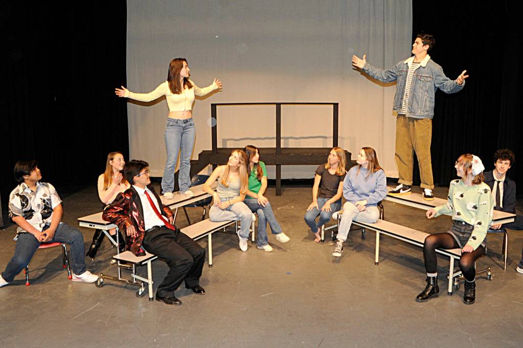Sequim Gazette photos by Matthew Nash
Emma and Jeff (Kariya Johnson and Henry Hughes) square off in the cafeteria in Emma: A Pop Musical.