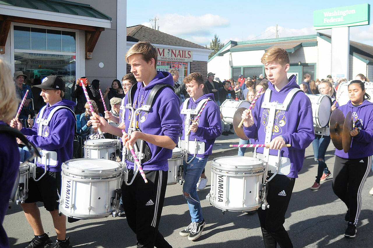 Sequim Gazette file photo by Michael Dashiell
Sequim High School band members march through the Kids Parade in 2019. The event returns to downtown Sequim with participants encouraged to gather at 8:45 a.m. Saturday, May 7, near the bank lot at Sequim Avenue and Washington Street intersection.