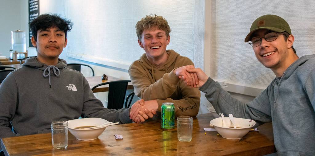 Sequim Gazette photoS by Emily Matthiessen 
Juan Torres, Keaton King and Cypress Byrne say they enjoy coming to Soup in the Alley during their lunch break from Sequim High School because of the pleasant atmosphere, the speed of service and deliciousness of the ramen.