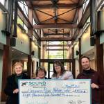 Submitted photo
Shelli Robb-Kahler, vice president and Relationship Manager at Sound Community Bank, presents the Dungeness River Nature Center representatives with an $8,500 donation to be used to complete the centers $300,000 Watershed Exhibit Hall. Exhibits will showcase the Dungeness River watershed with more than 200 mounted specimens from the centers collection. Pictured, from left, is: River Center board president Annette Hanson; board vice president Tuttie Peetz; Robb-Kahler, and Powell Jones, Dungeness River Nature Center director. For more information on the river centers Inspire Wonder Capital Campaign and the building expansion, visit DungenessRiverCenter.org.
