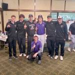 Submitted photo 
The Sequim boys golf team celebrate a 19-stroke victory in the Olympic League Boys Golf Championships held May 9 at Kitsap Golf & Country Club. Sequims Ben Sweet (kneeling) won the individual league title by one stroke over teammate Dominic Riccobene, far left. The Wolves also finished the Olympic League regular season with an undefeated record. Team members are, from left, Riccobene, Cole Smithson, head coach Sean OMera, Lars Wiker, Pryce Glasser, Zackary Thompson and Sweet.