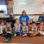 Students at Hellen Haller Elementary enjoy a painting project with author Pam Fries. Students pictured include, from left, Lincoln Gordeuk, Taze Linden, Eryn Haubrick, Eliza Burrows, Noah Rix and Liam Johnson. Submitted photo