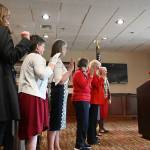 Group chaplain Carol Weiler, right, administers the oath of office to officers of the Michael Trebert Chapter of the Daughters of the American Revolution for 2022-2024. They include treasurer Lindsey Christianson, historian-librarian Sandy Frykholm, registrar Ginny Wagner, secretary Jan Urfer, chaplain Melody Albertson vice regent Anita Reynolds and regent Judy Tordini.