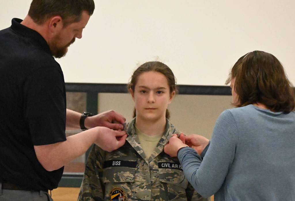 Dungeness Composite Squadron cadet Paige Biss is promoted to Airman at a special ceremony on May 17. Sequim Gazette photo by Michael Dashiell