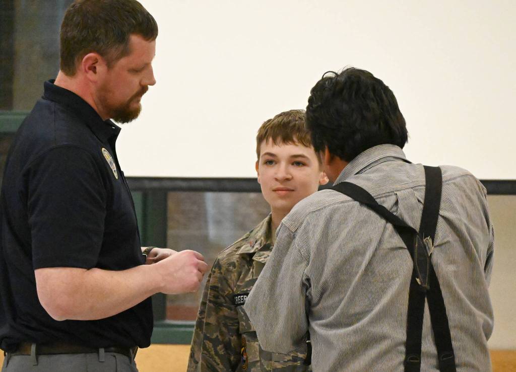 Dungeness Composite Squadron cadet Alex Creery is promoted to Airman at a special ceremony on May 17. Sequim Gazette photo by Michael Dashiell
