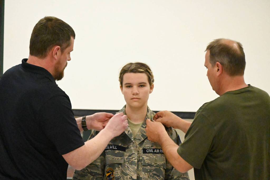 Dungeness Composite Squadron cadet Hannah Colwill is promoted to Airman at a special ceremony on May 17. Sequim Gazette photo by Michael Dashiell