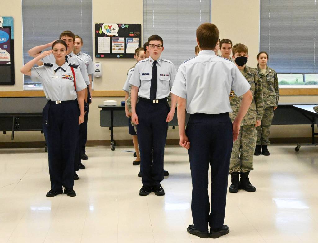 Cadets with Dungeness Composite Squadron complete their promotion ceremony on May 17. Sequim Gazette photo by Michael Dashiell