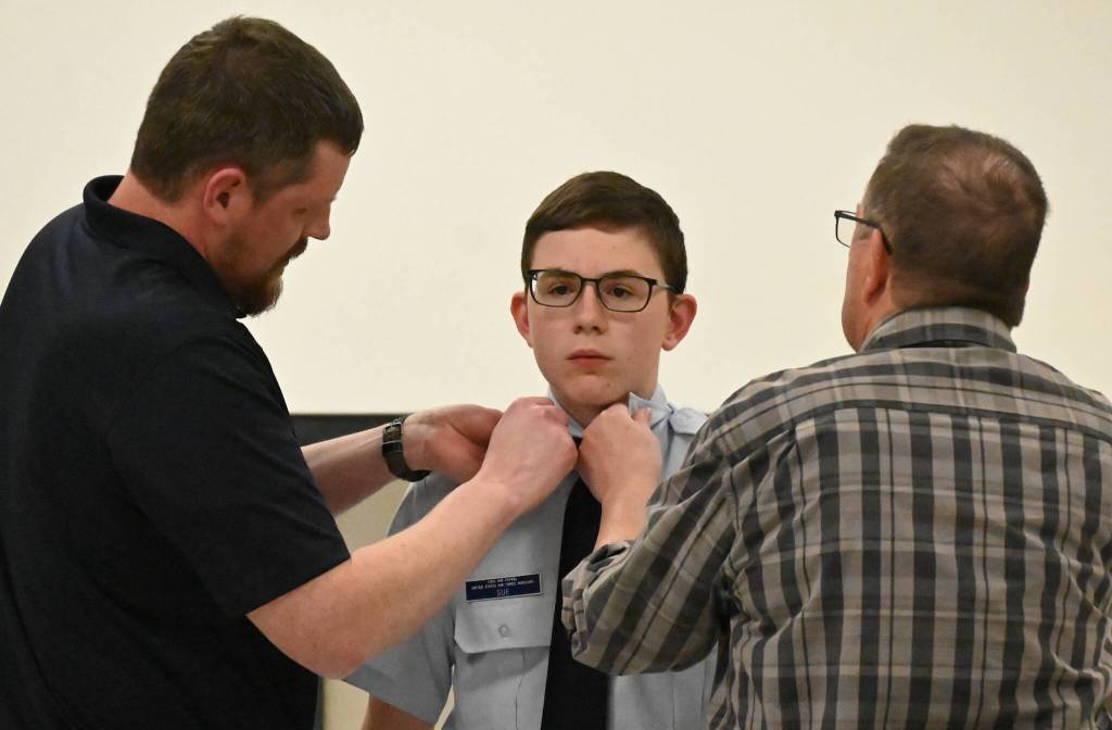 Reilly Sue, formerly a Senior Airman, is Dungeness Composite Squadrons new Cadet Staff Sergeant, receiving his promotion on May 17. Sequim Gazette photo by Michael Dashiell