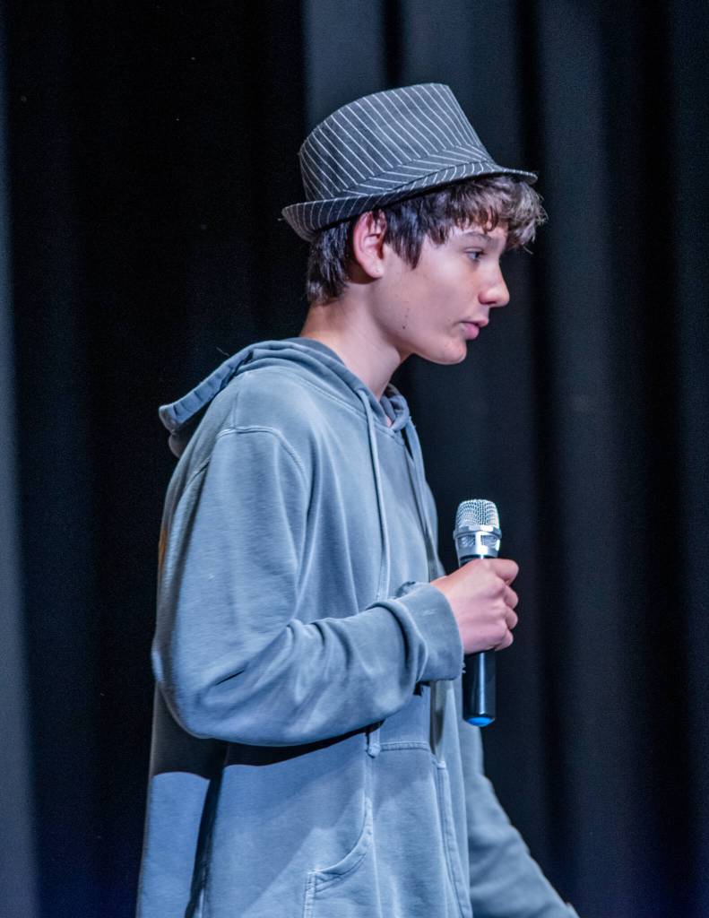 Malachi Byrne reports on the trial in The Big Bad Musical, a performance by the 6th-8th graders from Olympic Peninsula Academy on June 3 and 4 at Sequim High School auditorium. Sequim Gazette photo by Emily Matthiessen