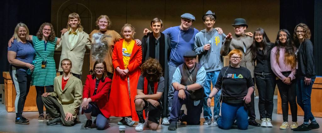Sequim Gazette photos by Emily Matthiessen
The cast of The Big Bad Musical pose with their two drama teachers after a successful rehearsal. From left to right in the back row: drama teacher Dee Dee Nielsen, Aiyana Dennis, Donovan Rynearson, Kaia McCarter, Sasha Yada, Nolan Valenzuela, Landon Elliott, Malachi Byrne, Louden Yates, Kailah Blake, Paloma Franco and drama teacher Michele Canepa. Front row: Mica McCarter, Katerina Abken, Sammy Mason, Dylan Simpler and Zowie Abken.