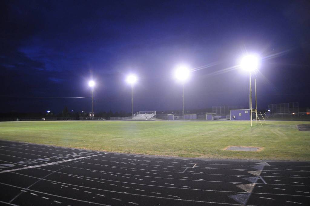 Sequim Gazette file photo by Michael Dashiell
Sequim High Schools athletic stadium is lit and empty during the April 17, 2020 Shine the Light event to honor high school senior athletes in the Class of 2020. Sequim School Board directors agreed on June 20 to name the agreed to name the stadium stáʔčəŋ, a SKlallam word meaning wolf, and the field in honor of late SHS superfan Myron Teterud.