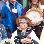 A number of dignitaries and Jamestown SKlallam Tribe leaders celebrate the opening of the Dungeness River Nature Center Sunday; pictured are (back row, left) State Rep. Steve Tharinger and Mack Grinnell, the tribes Traditional Foods Program Coordinator, with (front) tribe elder Elaine Grinnell.