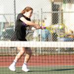 Sequim's Jordan Hegtvedt returns a shot as she and doubles teammate Malory Morey sweep North Mason's Emma Hunt and Ava Oldright 6-0, 6-1, on March 22. District tourney qualifiers this spring, both players were named to the all-Olympic League list. Sequim Gazette file photo by Michael Dashiell