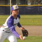 Sequim Gazette photo by Michael Dashiell
Sequim pitcher Connor Bear fields a grounder and throws out a North Mason batter in the Wolves 5-1 win on April 28. Bear threw five shutout innings in the Wolves 5-1 win.