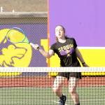 Sequim's Malory Morey and doubles teammate Jordan Hegtvedt sweep North Mason's Emma Hunt and Ava Oldright 6-0, 6-1, on March 22. District tourney qualifiers this spring, both players were named to the all-Olympic League list. Sequim Gazette file photo by Michael Dashiell