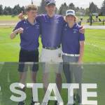 From left, Sequims Dominic Riccobene, coach Sean OMera and Ben Sweet celebrate Sequims fifth-place finish at the state 2A golf championship at the Capitol City Golf Club in Olympia. Submitted photo